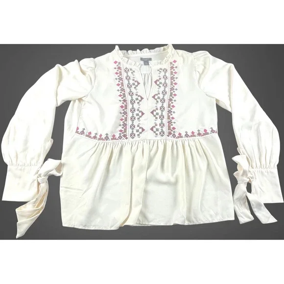 Ann Taylor Petite Embroidered Boho Peasant Blouse Cream Tie Sleeve XSP Hippies - Picture 2 of 8